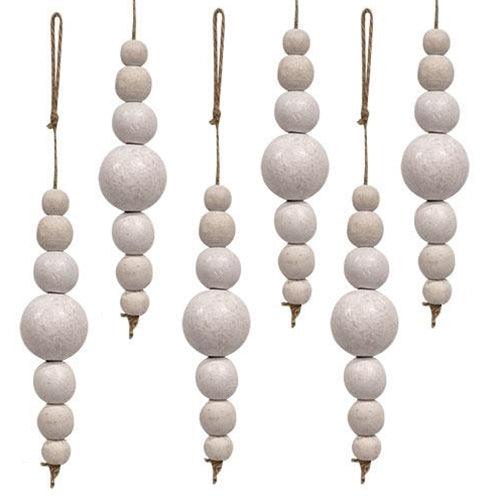6 Set White Wooden Bead Ornaments on Jute - The Fox Decor