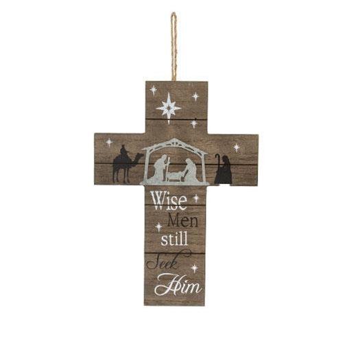 Slatted Wood Hanging Nativity Cross 2 Asstd - The Fox Decor