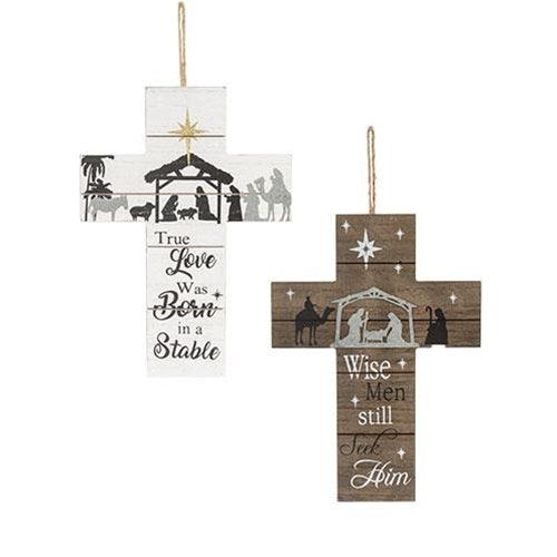 Slatted Wood Hanging Nativity Cross 2 Asstd - The Fox Decor