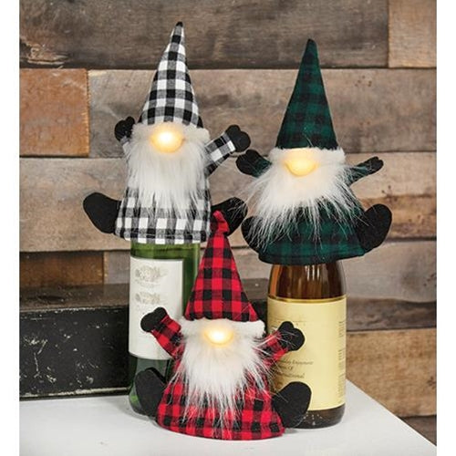 Plush Plaid Santa Gnome Bottle Topper w LED Light 3 Asstd