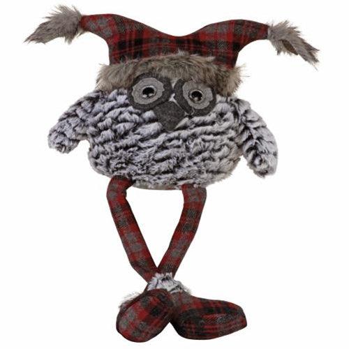 Fuzzy Dangle Leg Owl w Red & Dark Gray Plaid Hat - The Fox Decor