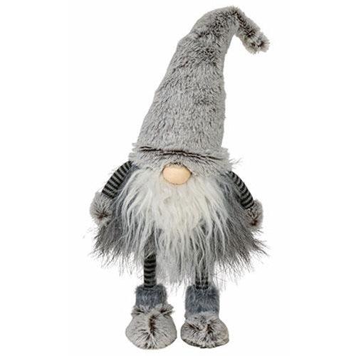 Plush Fluffy Gray Wobble Gnome w Fur Leg - The Fox Decor