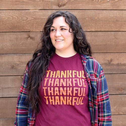 Orange & Plaid Thankful T-Shirt - Maroon - XL - The Fox Decor