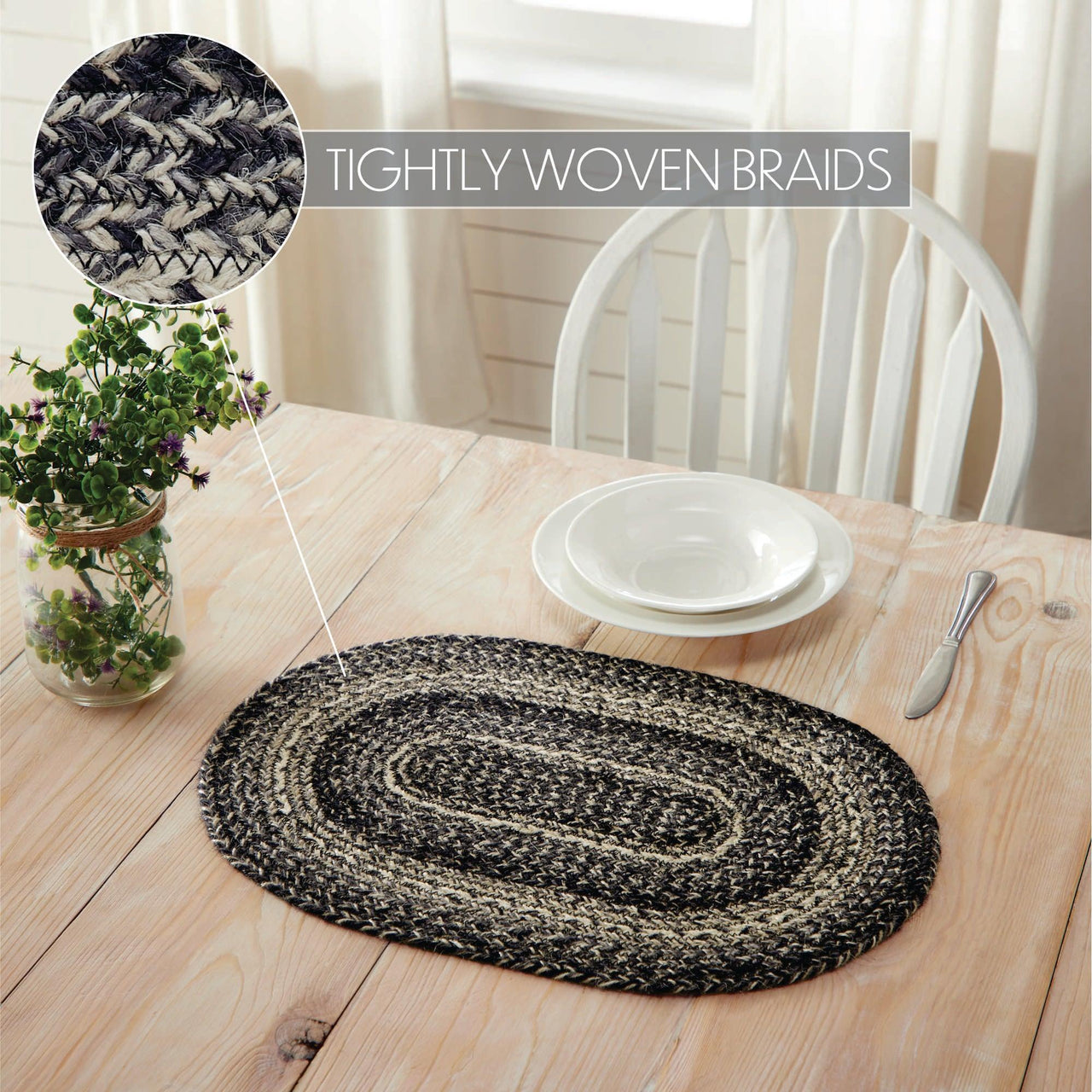 Sawyer Mill Black White Jute Oval Placemat 13x19 - The Fox Decor