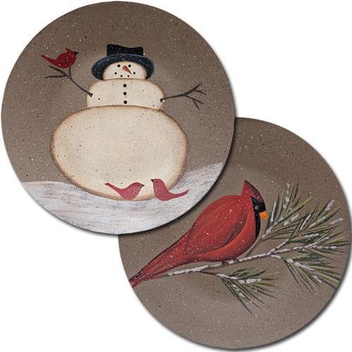 Cardinal w Snowman Plate 2 Asstd - The Fox Decor