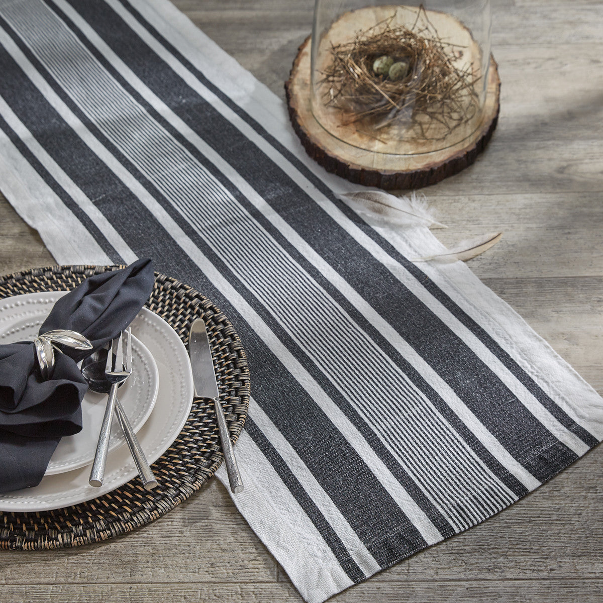 Bleach And Black Stripe Linen Table Runner - 60"L Park Designs