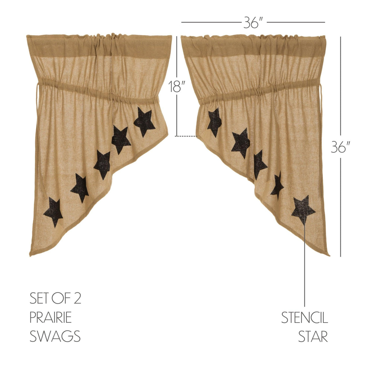 Burlap w/Black Stencil Stars Prairie Swag Curtain Set of 2 36x36x18 VHC Brands