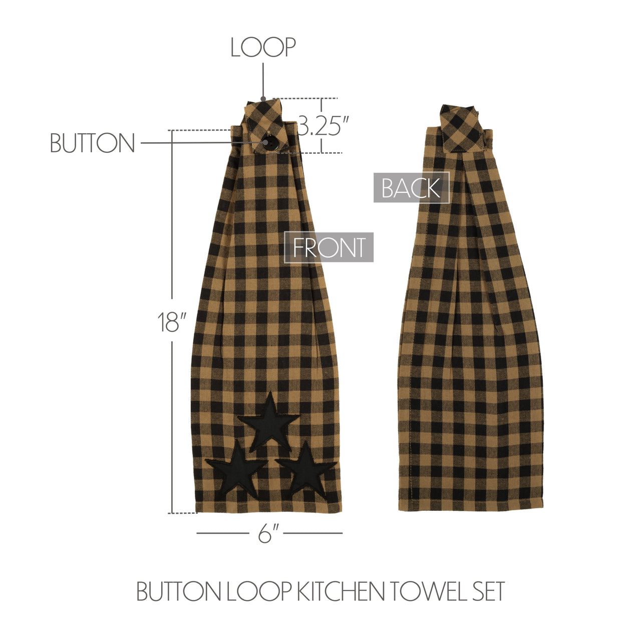 Black Star Button Loop Kitchen Towel VHC Brands