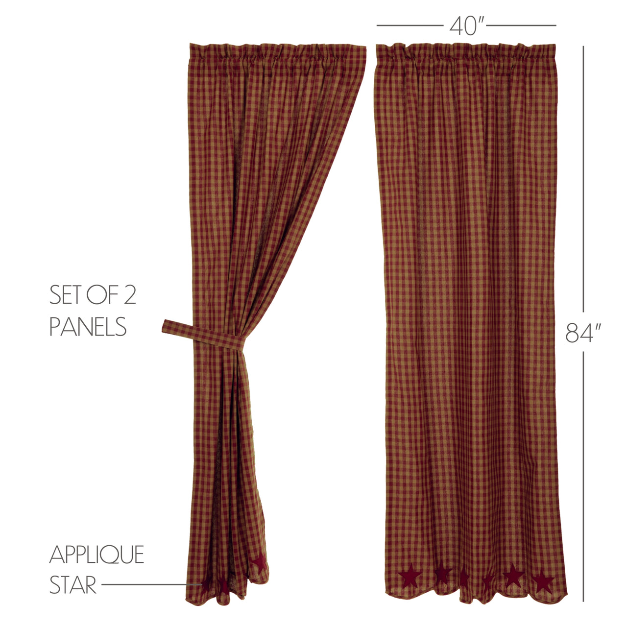 Burgundy Star Scalloped Panel Country Curtain Set of 2 84"x40"