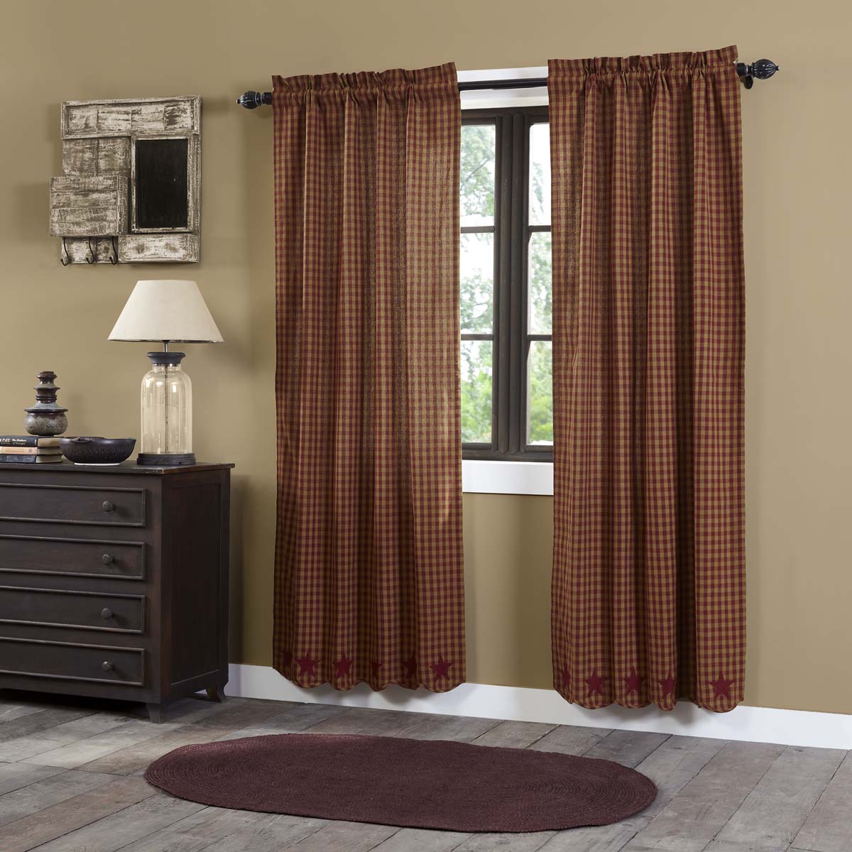 Burgundy Star Scalloped Panel Country Curtain Set of 2 84"x40"