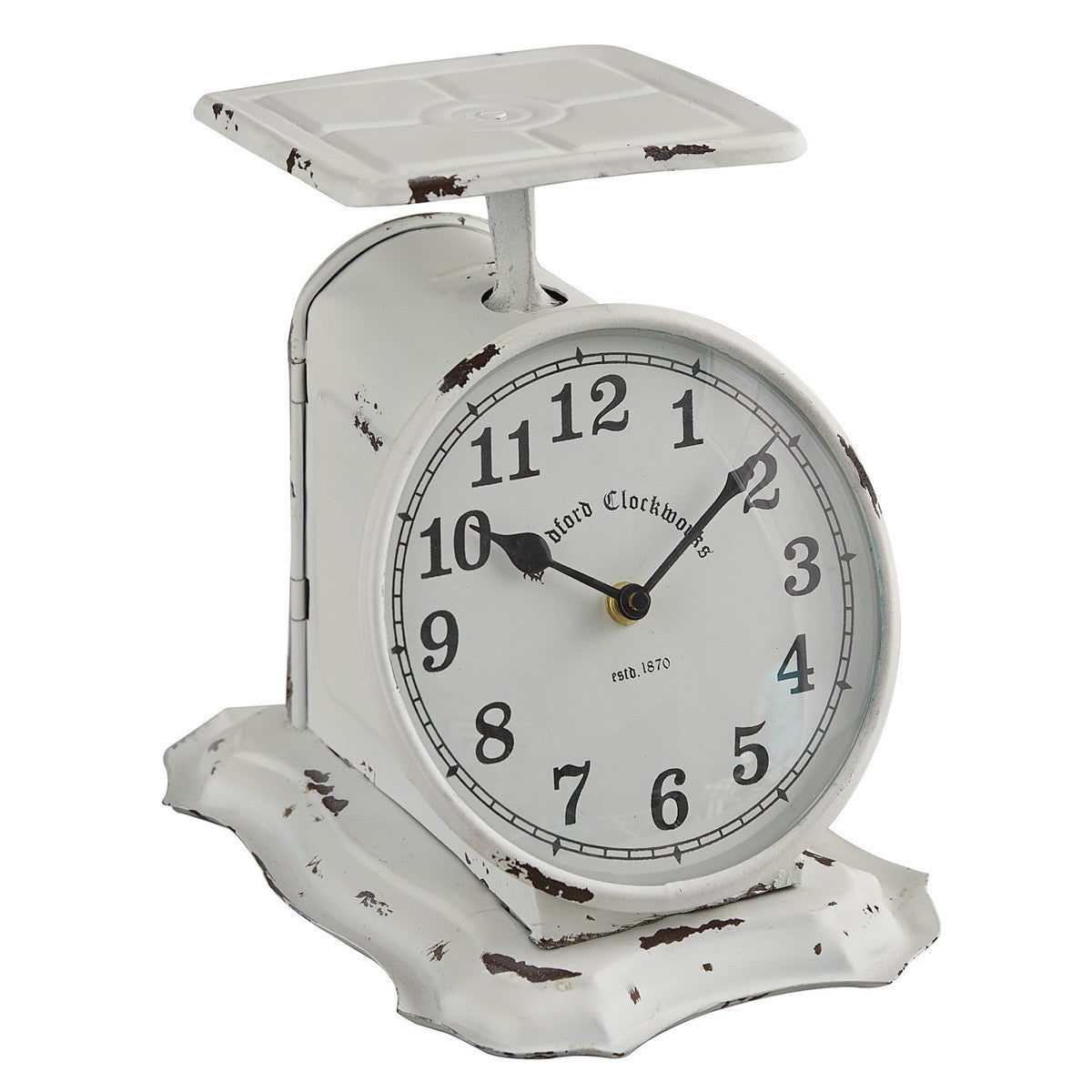 Distressed White Metal Weight Scale Table Clock Park Designs
