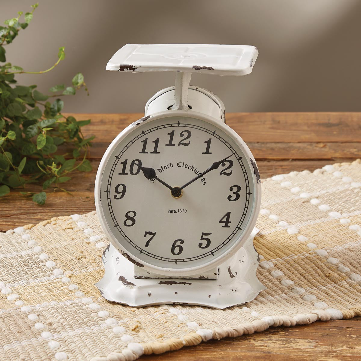 Distressed White Metal Weight Scale Table Clock Park Designs
