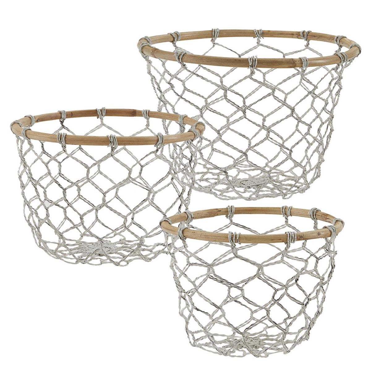Round Fishnet Wire And Wood Baskets - Set of 3 Park Designs