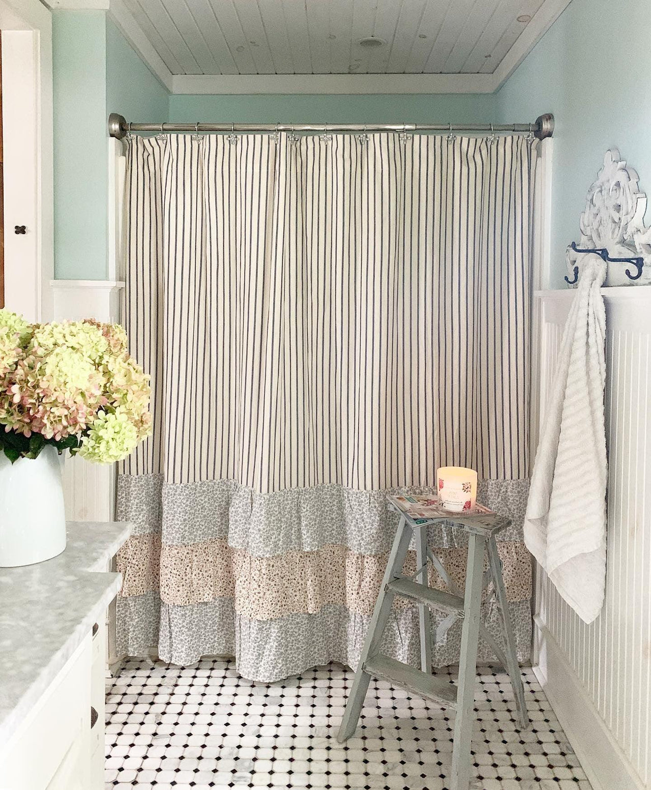 Kaila Ticking Stripe Ruffled Shower Curtain 72x72 VHC Brands - The Fox Decor