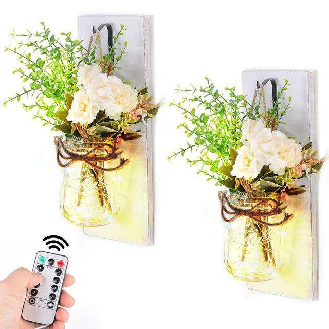 2Pcs Mason Jar Sconce Rustic Wall Decor with Fairy Lights - The Fox Decor