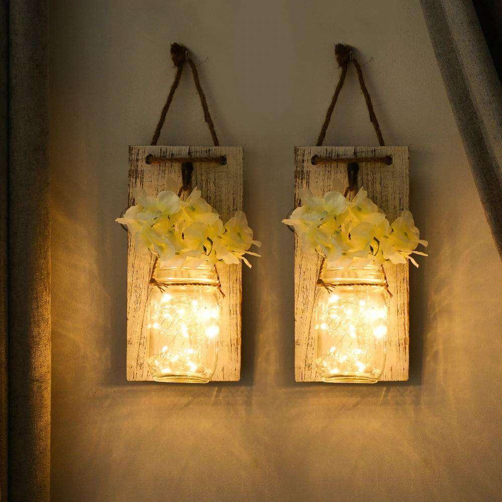 2Pcs Mason Jar Sconce Rustic Wall Decor with Fairy Lights - The Fox Decor