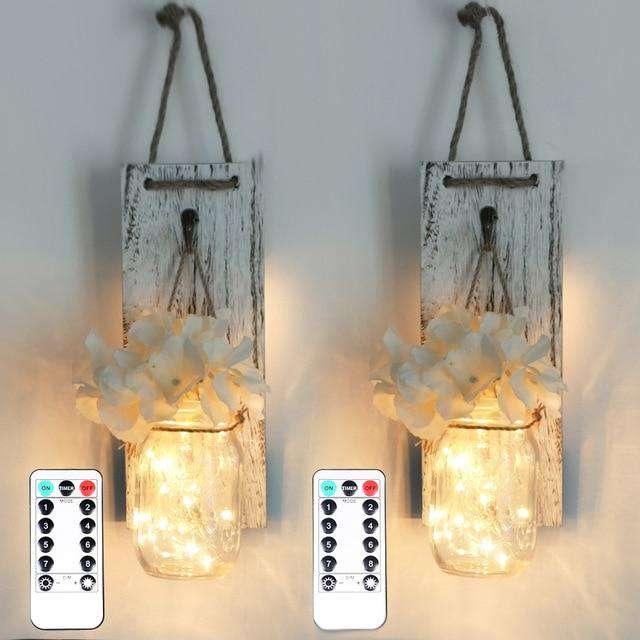 2Pcs Mason Jar Sconce Rustic Wall Decor with Fairy Lights - The Fox Decor