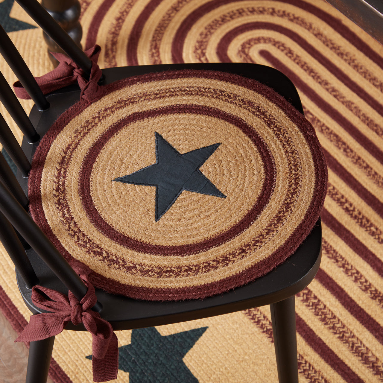 Potomac Jute Applique Star Braided Chair Pad Set of 6 Natural, Burgundy, Navy