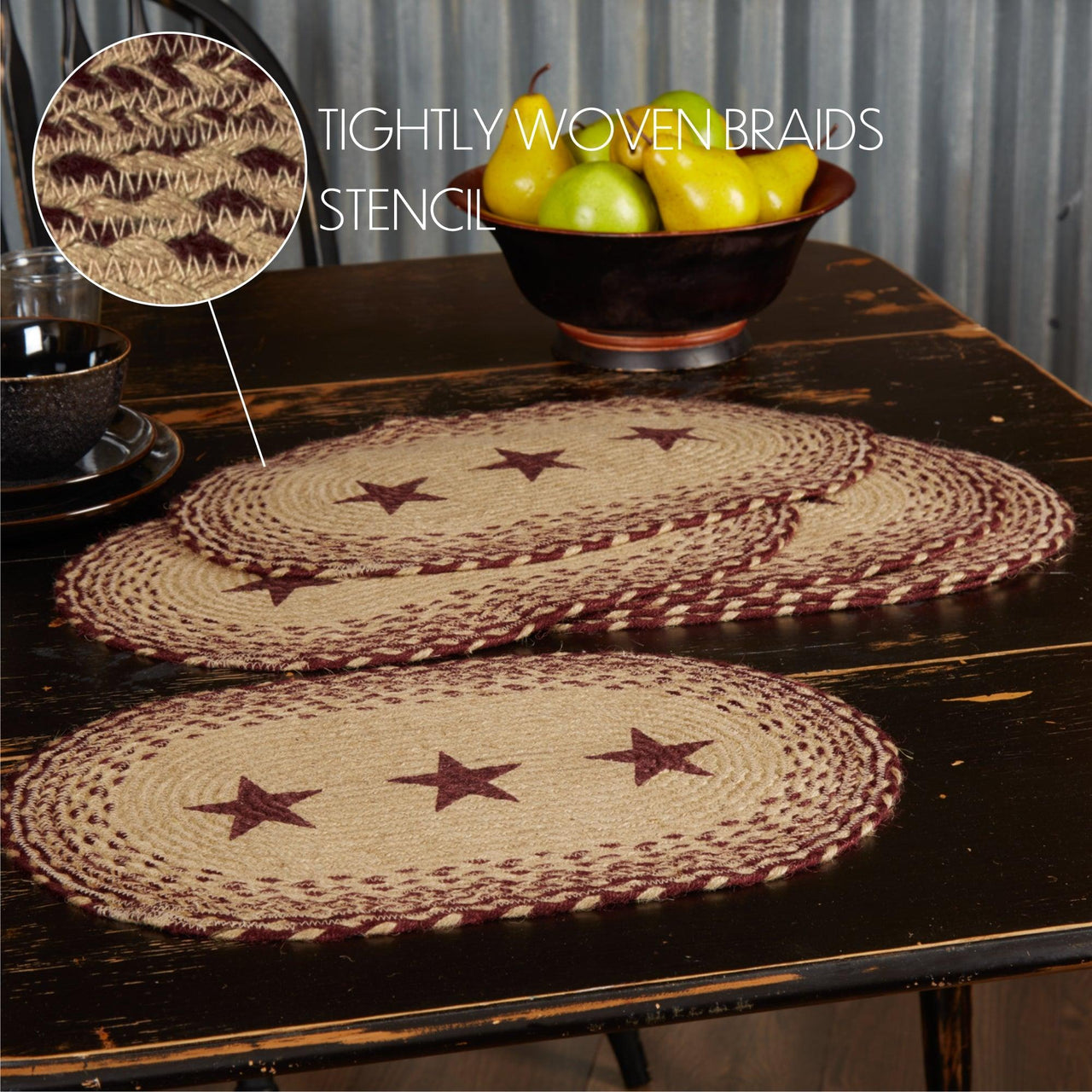 Burgundy Tan Stencil Stars Jute Braided Placemat Set of 6