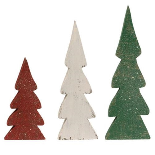 3/Set, Distressed Christmas Colors Wooden Trees