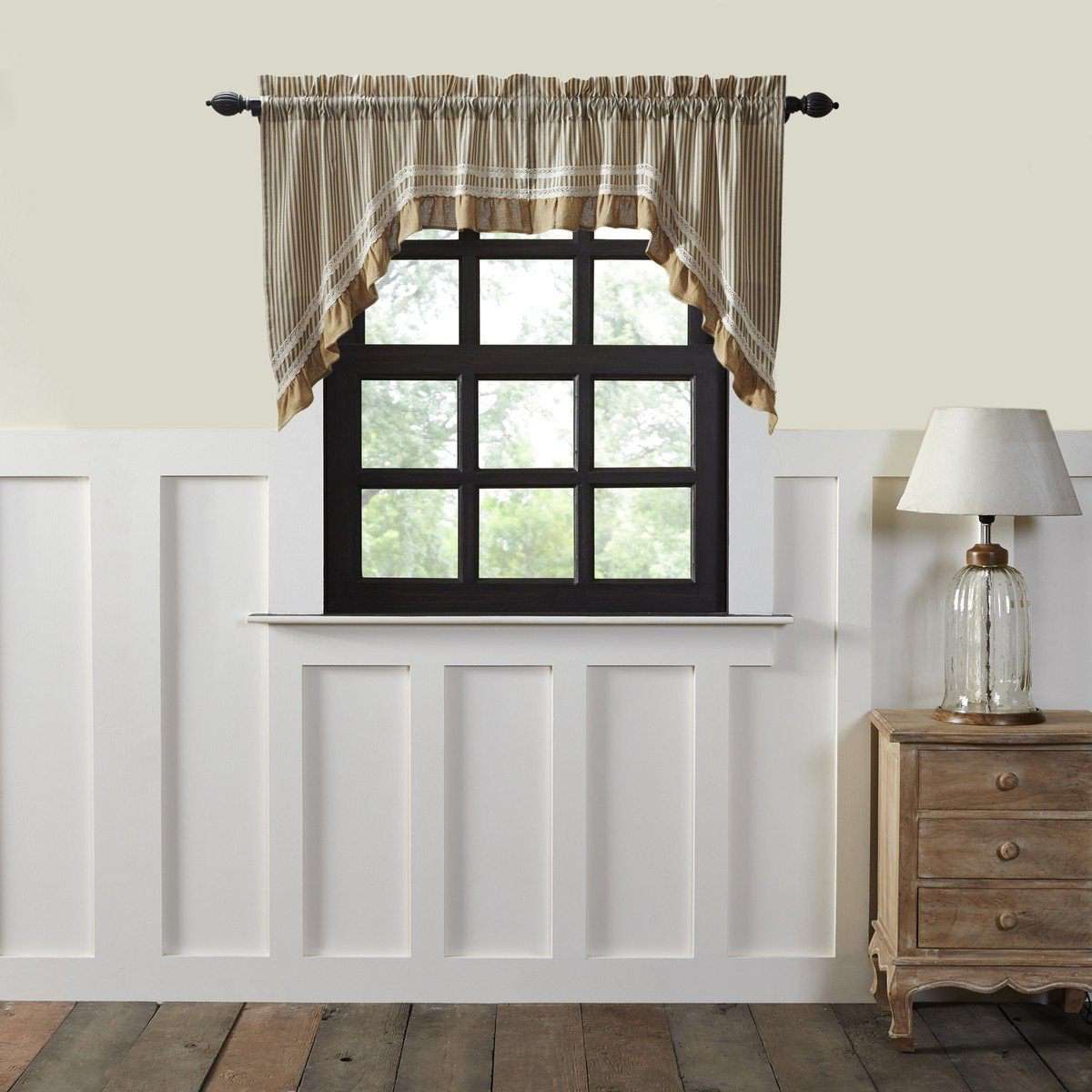 Kendra Stripe Cream, Black Swag Curtain Set 36
