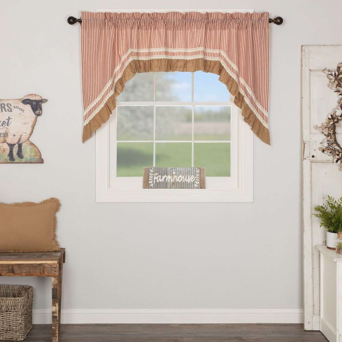 Kendra Stripe Parchment, Brick Red Swag Curtain Set 36