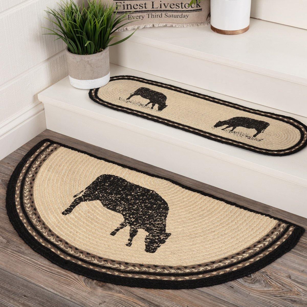 Sawyer Mill Charcoal Cow Jute Braided Rug Half Circle 16.5"x33" VHC Brands - The Fox Decor