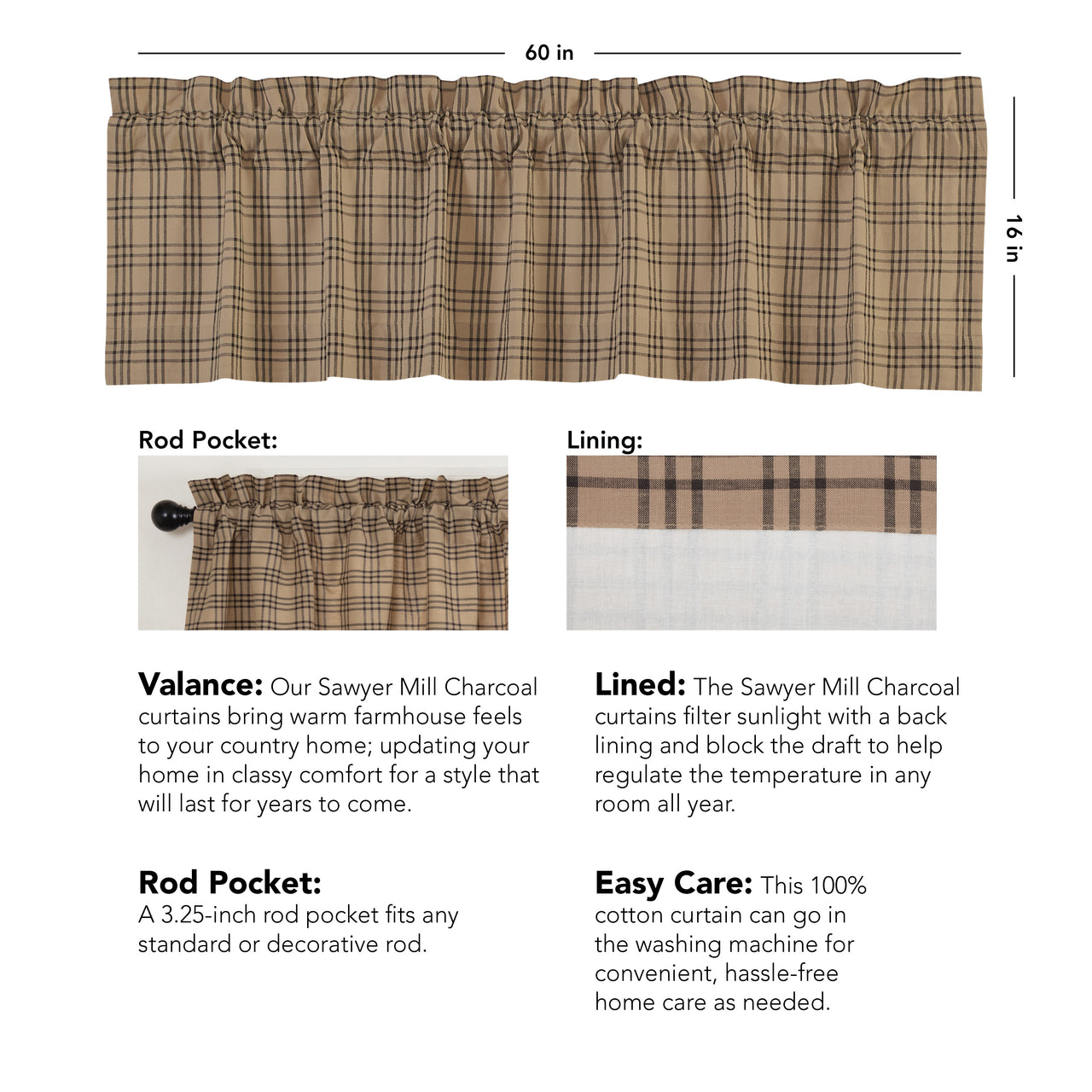 Sawyer Mill Charcoal Plaid Valance Curtain VHC Brands