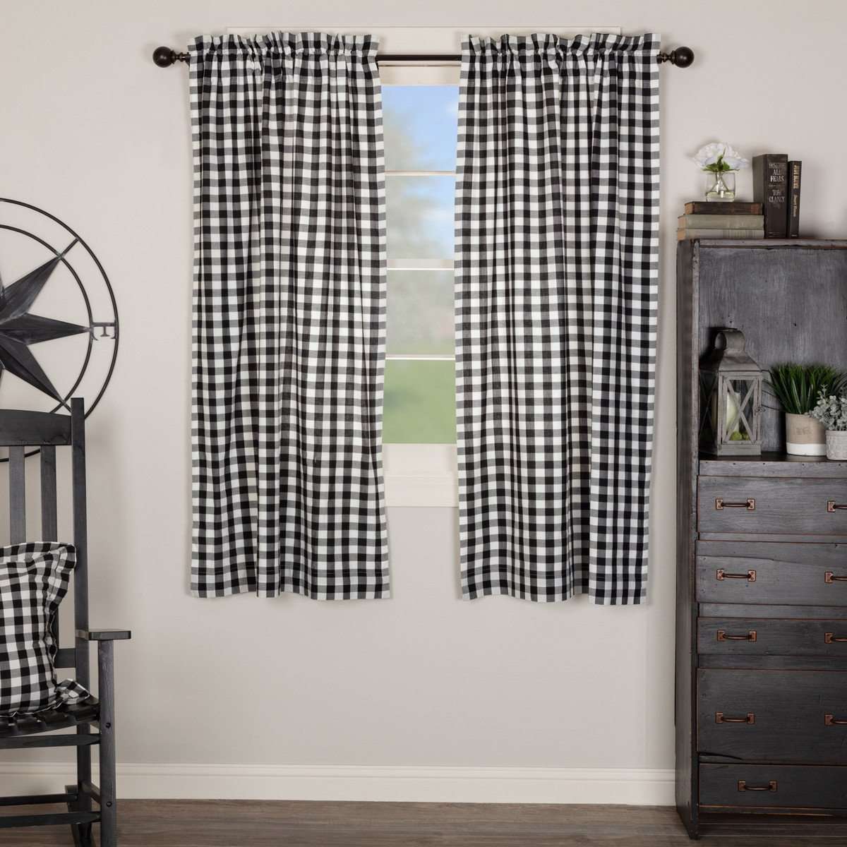 Annie Buffalo Black Check Short Panel Curtain Set of 2 63"x36" VHC Brands - The Fox Decor