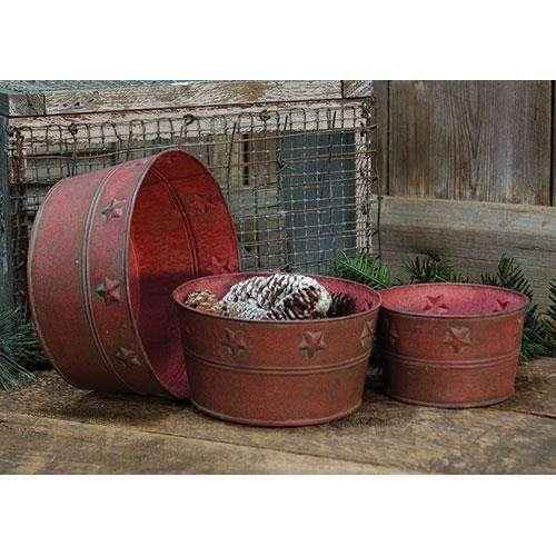 3/Set, Red Metal Bowls w/Stars Buckets & Cans CWI+ 