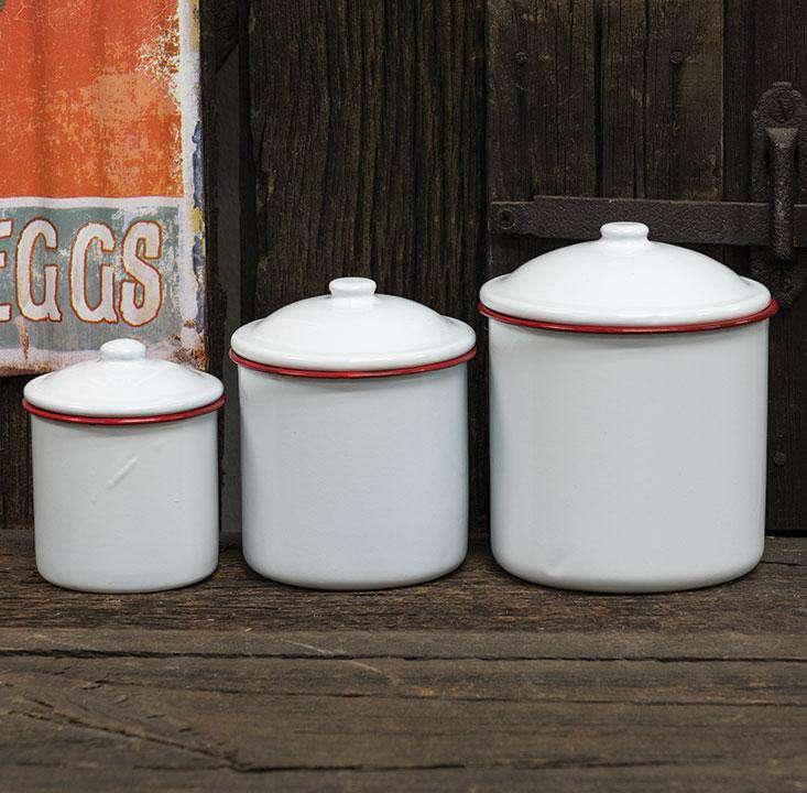 3/Set, Red Rim Enamel Canisters Farmhouse Decor CWI+ 