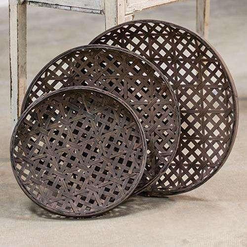 large round tobacco basket Rustic Tobacco Basket CWI Set Of 3 Round Tobacco Baskets With Metal Straps