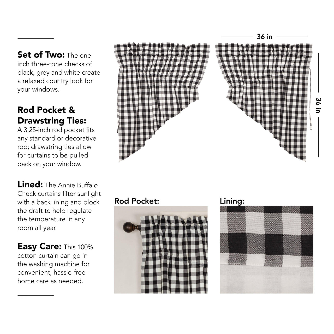 Annie Buffalo Black Check Prairie Swag Set of 2 36x36x18 VHC Brands