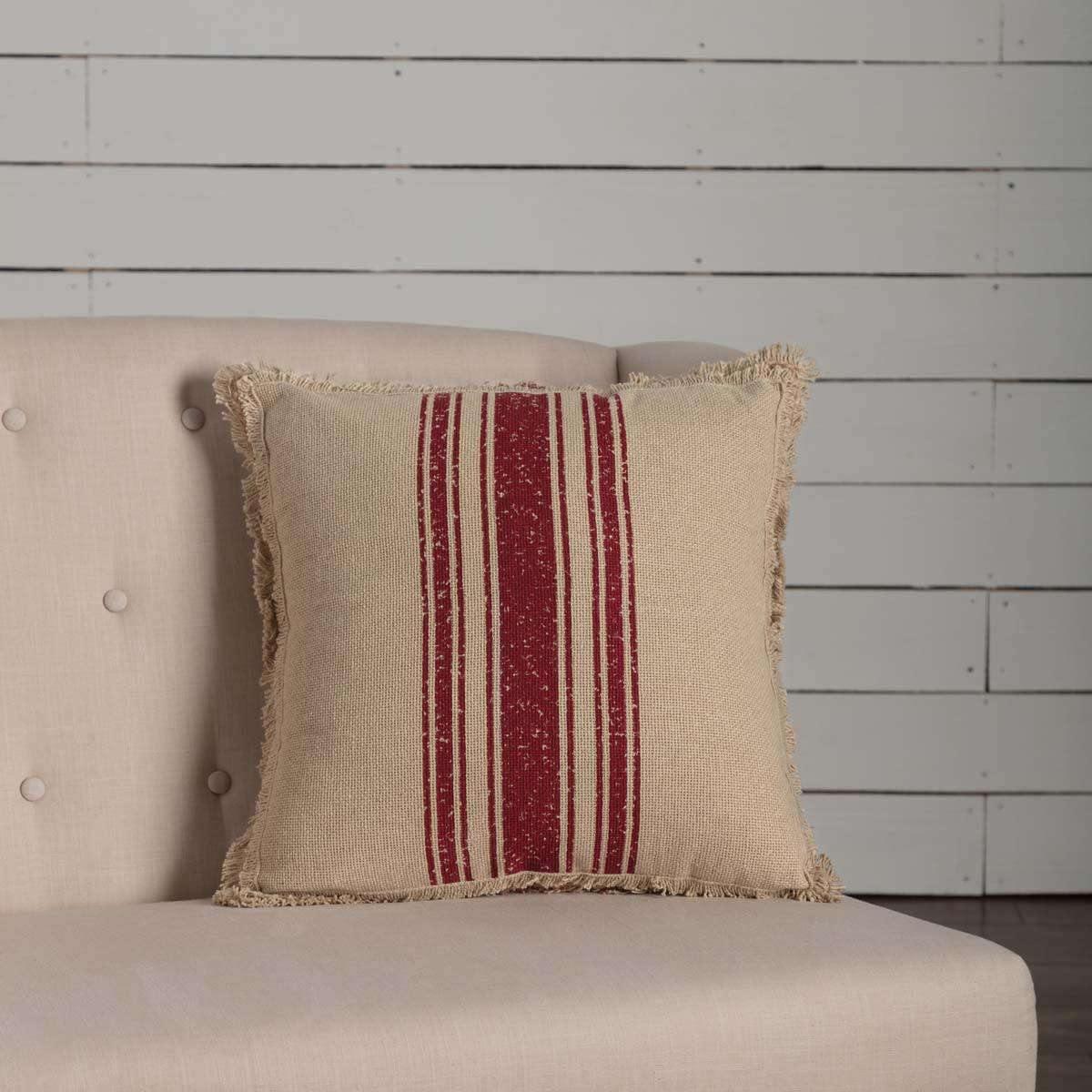 Vintage Burlap Stripe Red Pillow 18x18