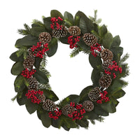 Thumbnail for 30” Magnolia Leaf, Berry, Pine and Pine Cone Artificial Wreath