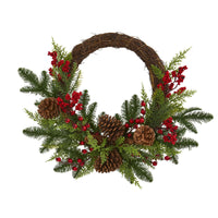 Thumbnail for 22” Mixed Pine and Cedar with Berries and Pine Cones Artificial Wreath 