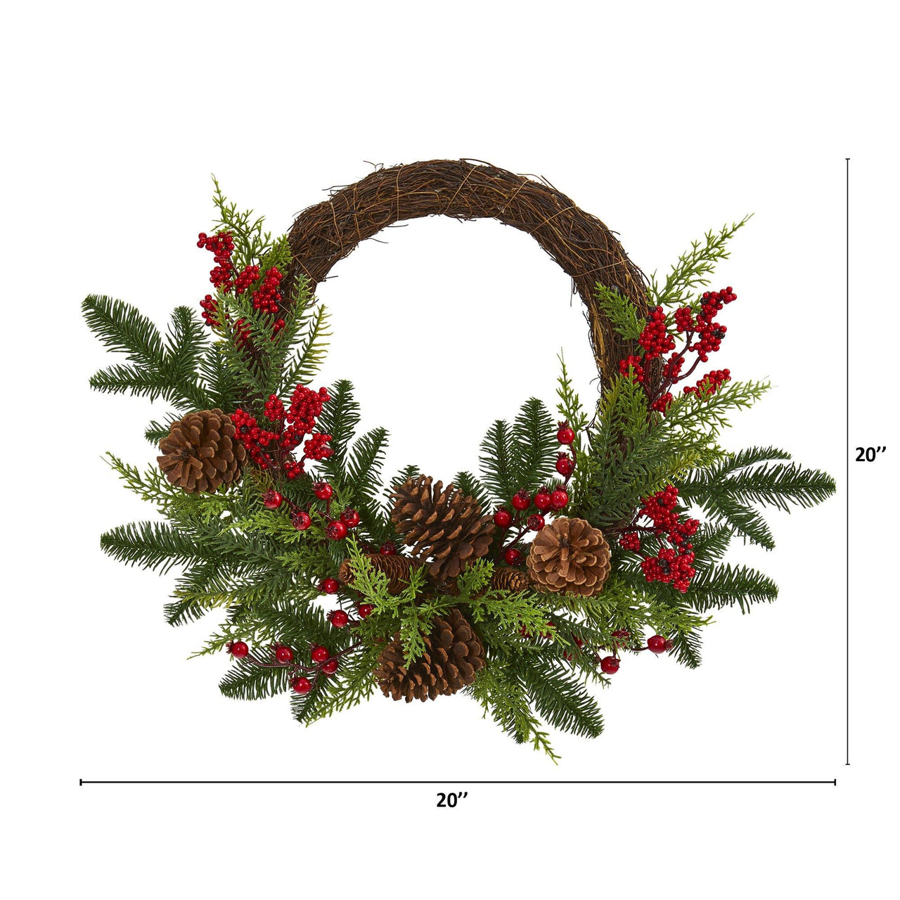 22” Mixed Pine and Cedar with Berries and Pine Cones Artificial Wreath - The Fox Decor