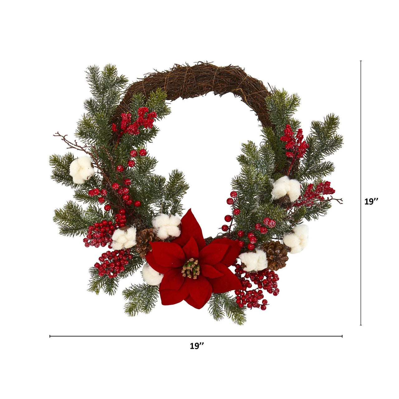 19” Poinsettia with Berries and Cotton Artificial Wreath - The Fox Decor