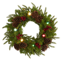Thumbnail for 24” Christmas Artificial Wreath with 50 Multicolored Lights, 7 Multicolored Globe Bulbs, Berries and Pine Cones