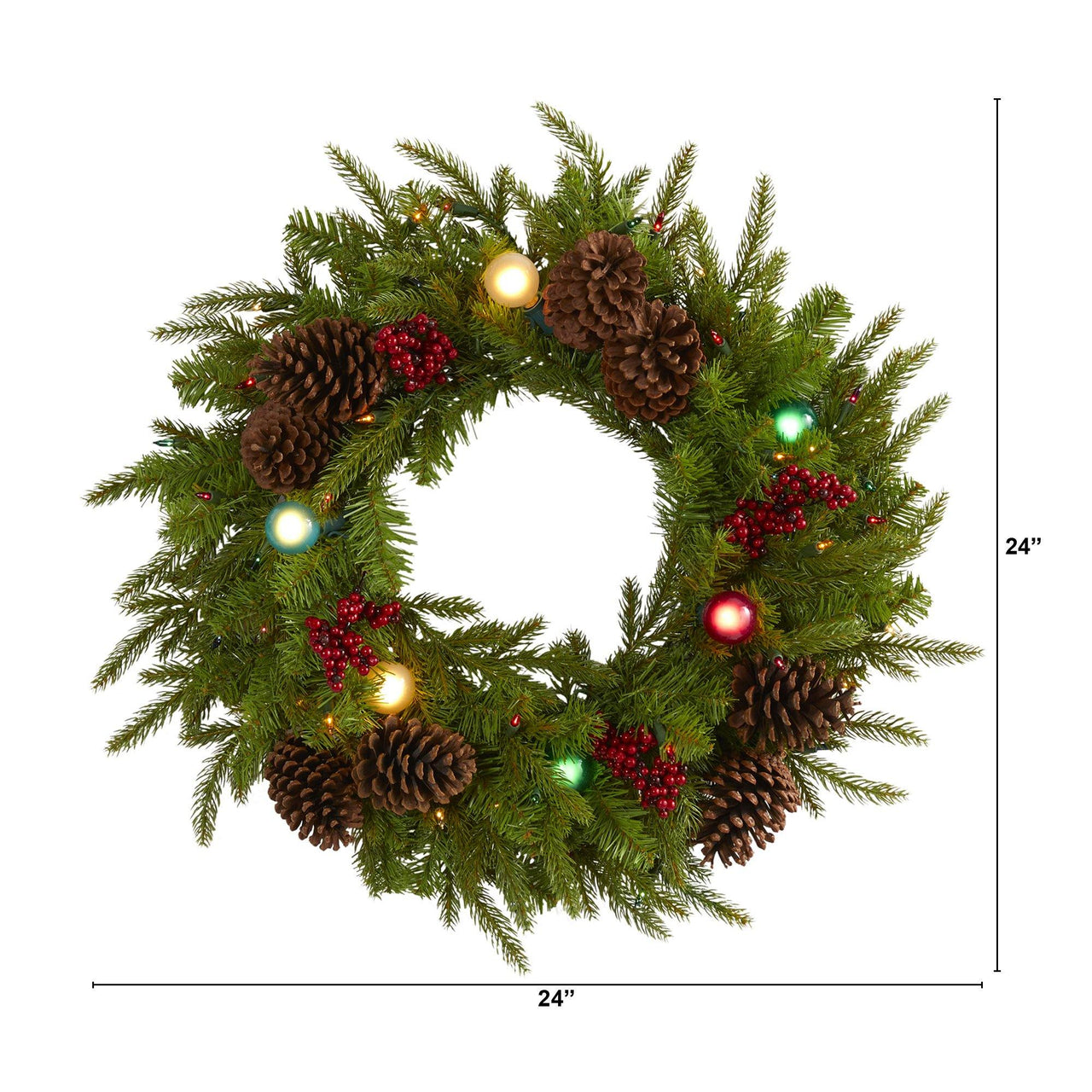 24” Christmas Artificial Wreath with 50 Multicolored Lights, 7 Multicolored Globe Bulbs, Berries and Pine Cones - The Fox Decor
