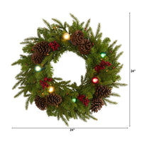 Thumbnail for 24” Christmas Artificial Wreath with 50 Multicolored Lights, 7 Multicolored Globe Bulbs, Berries and Pine Cones - The Fox Decor