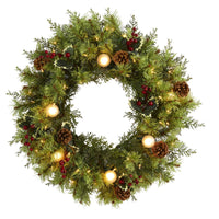 Thumbnail for 24” Christmas Artificial Wreath with 50 White Warm Lights, 7 Globe Bulbs, Berries and Pine Cones