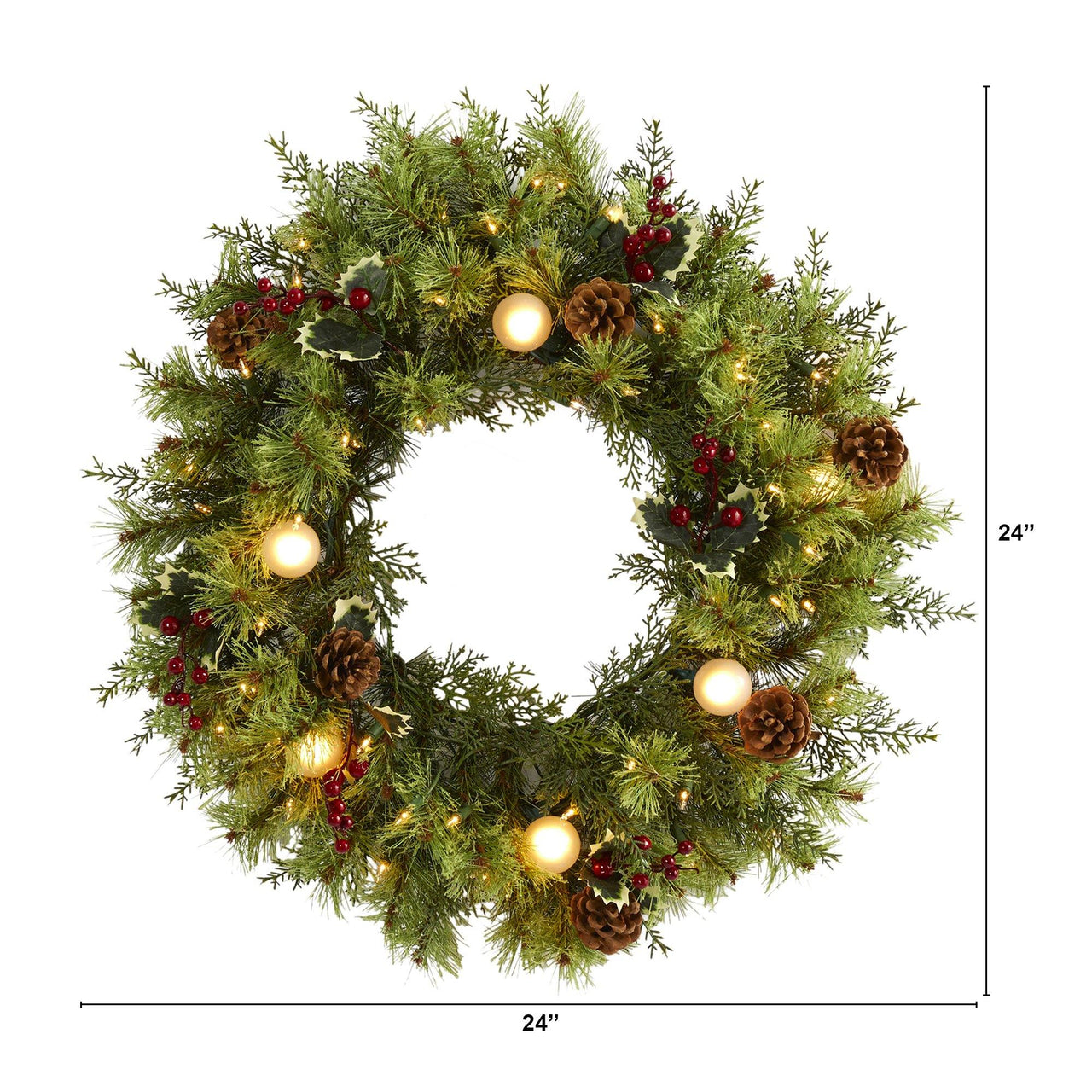 24” Christmas Artificial Wreath with 50 White Warm Lights, 7 Globe Bulbs, Berries and Pine Cones - The Fox Decor