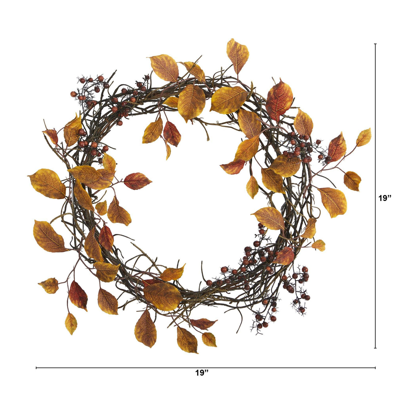 19” Harvest Leaf, Berries  and Twig Artificial Wreath - The Fox Decor