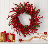 Thumbnail for 28” Cypress Artificial Wreath with Berries and Pine Cones
