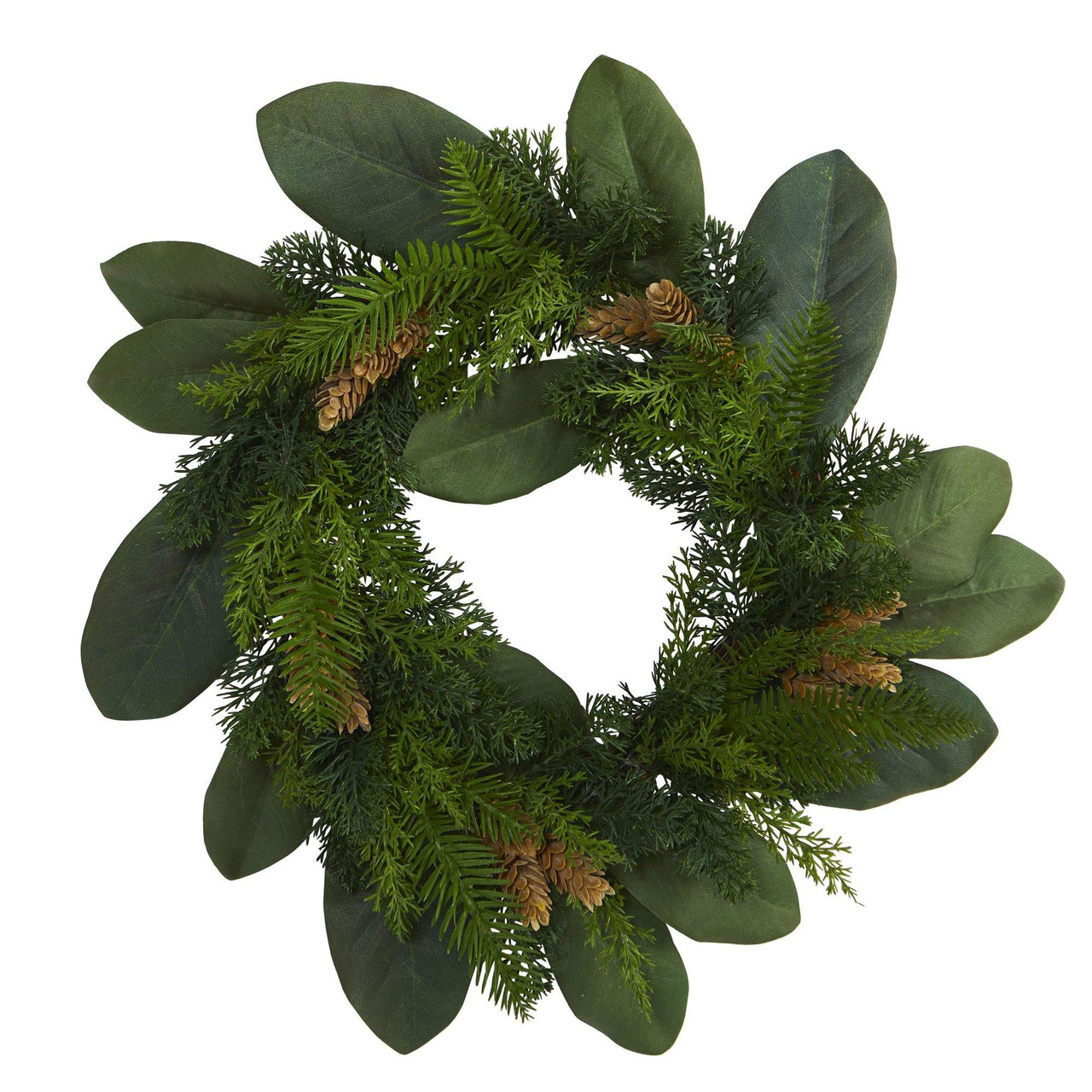 16” Magnolia Leaf and Mixed Pine Artificial Wreath with Pine Cones