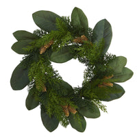 Thumbnail for 16” Magnolia Leaf and Mixed Pine Artificial Wreath with Pine Cones