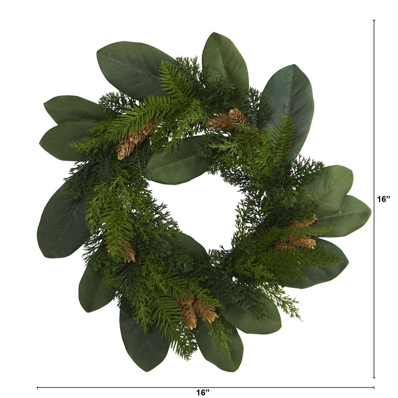 16” Magnolia Leaf and Mixed Pine Artificial Wreath with Pine Cones - The Fox Decor