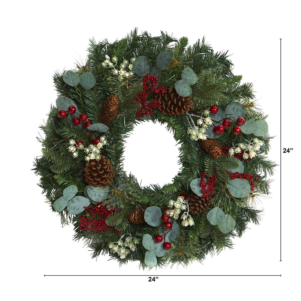 24” Eucalyptus and Pine Artificial Wreath with Berries and Pine Cones - The Fox Decor