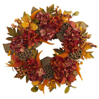 Thumbnail for 24” Fall Hydrangea, Lotus and Berries Artificial Wreath